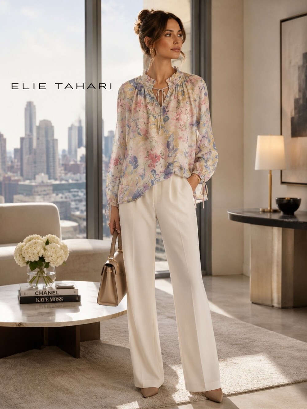 ELIE TAHARI New WOMAN Floral Split V Neck Tie Closure Ruffle Collar LS Blouse 2X